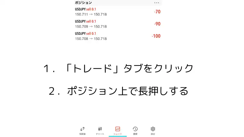 これはMT5スマホアプリで一括決済の手順を説明した画像です。