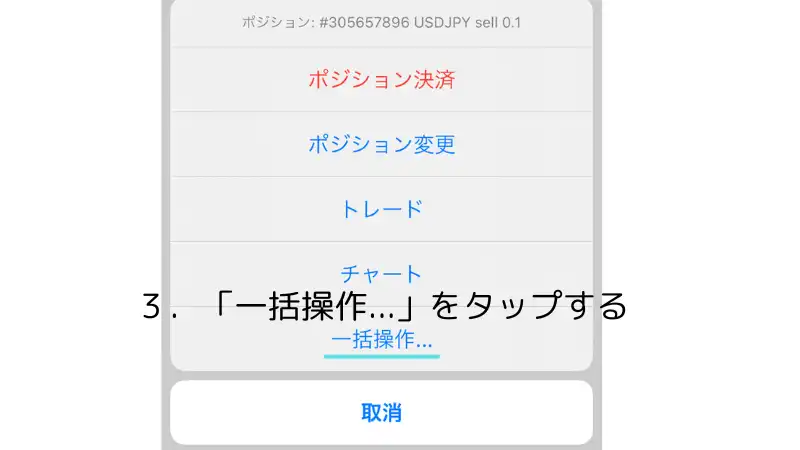 これはMT5スマホアプリで一括決済の手順を説明した画像です。