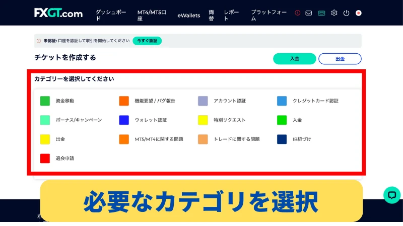 FXGTの口座解約の場合は、チケット作成画面で「MT4/MT5に関する問題」をクリックする。