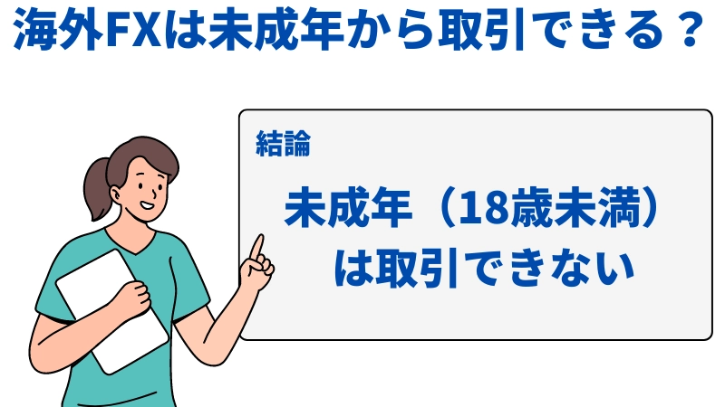 海外FXは未成年から取引できるかどうかの質問で、未成年（18歳未満）は取引できないことを説明したイラスト
