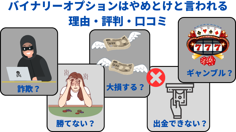 バイナリーオプションはやめとけと言われる理由・評判・口コミは「詐欺業者が多いと言われている」「バイナリーオプションは勝てないと言われている」「負けると投資額を全て失うと言われている」「ギャンブルだと勘違いされている」「出金できない業者がある」の５点である。