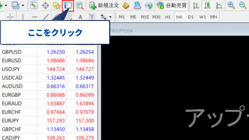 PC版MT4の決済方法は、まず画面を開く。