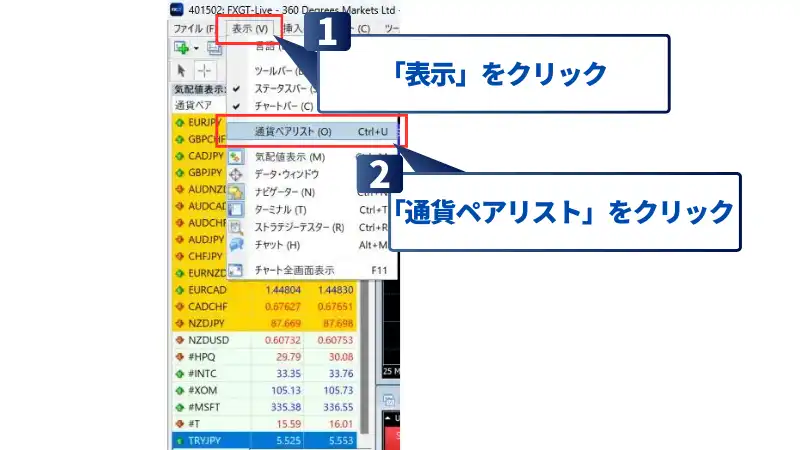 PC版MT4の新規ペアの追加方法は、「表示」をクリック後「通貨ペアリスト」をクリックする。