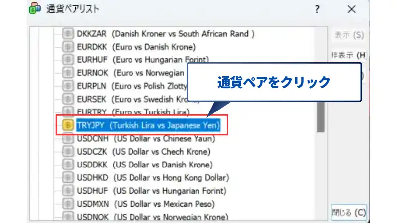 PC版MT4の新規ペアの追加方法は、追加したい通貨ペアをクリックする。
