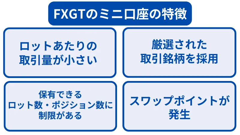 fxgtのミニ口座の特徴は、ロットあたりの取引量が小さい、取引銘柄数が少ない、ロット数・ポジション数に制限がある、スワップポイントが発生する