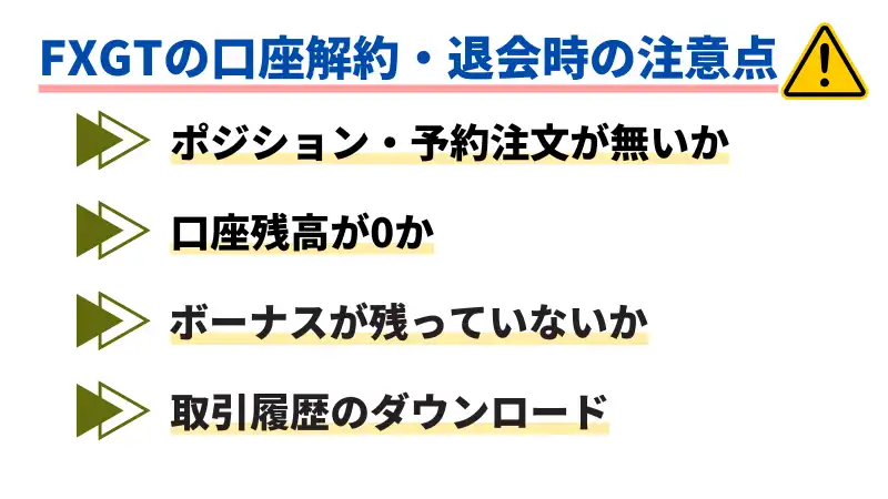 FXGTの口座解約の注意点は、「ポジション・予約注文が無いか」「口座残高が0か」「ボーナスが残っていないか」「取引履歴のダウンロード」。