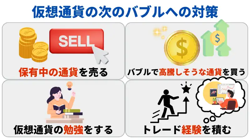仮想通貨の次のバブルへの対策は保有中の通貨を売ることや高騰しそうな通貨を買うことなど。