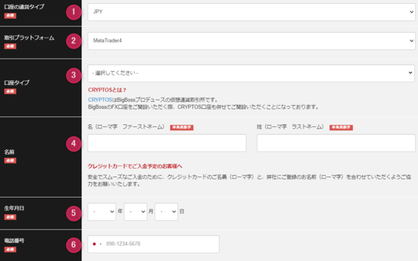 口座開設フォームを入力する
