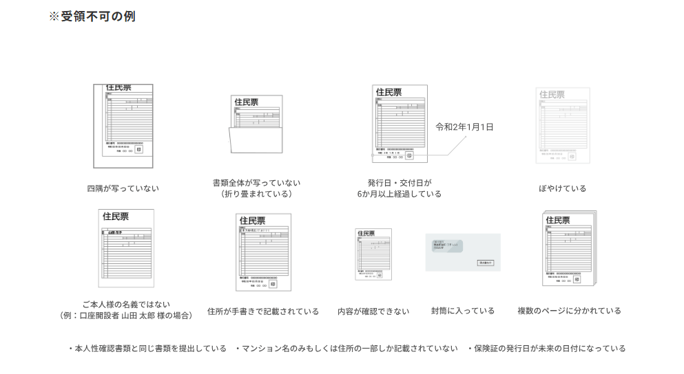 使用できない書類の種類