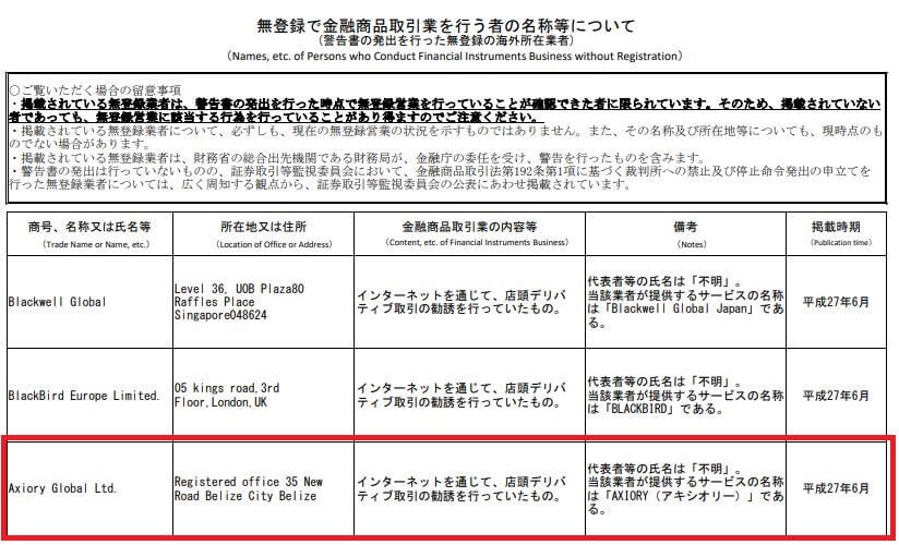 日本の金融庁から警告を受けている